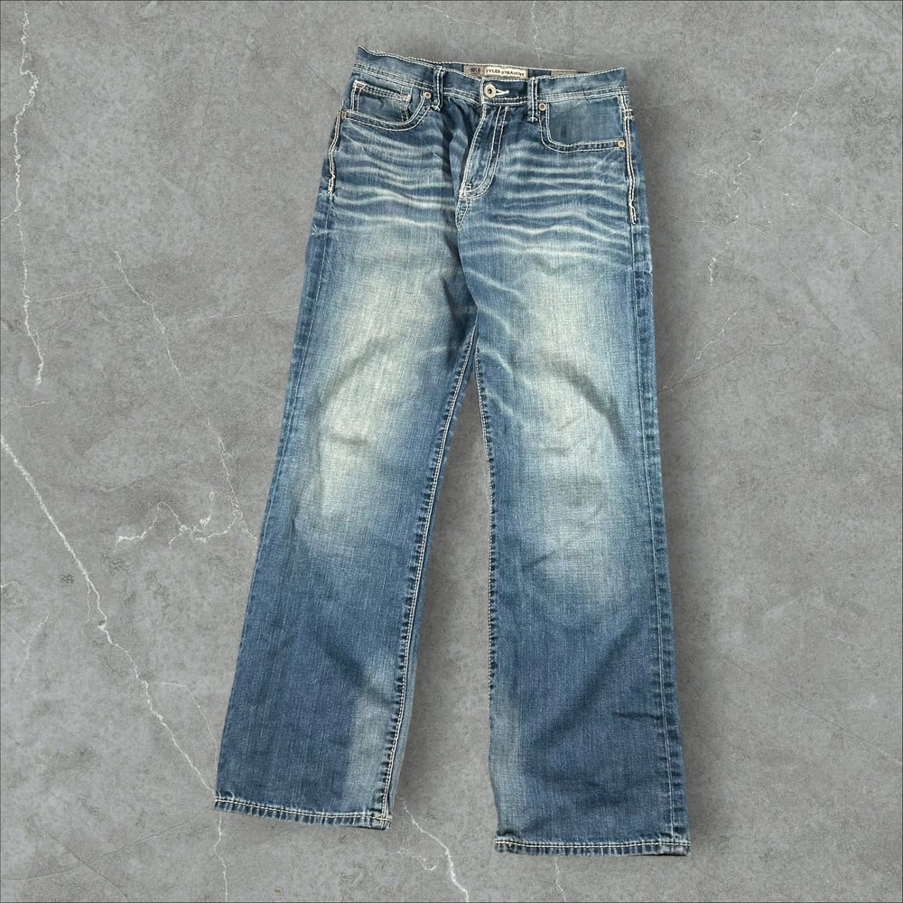 BKE Tyler Straight Jeans Mens 30x30 Blue Medium Wash Heavy Contrast Stitch Denim